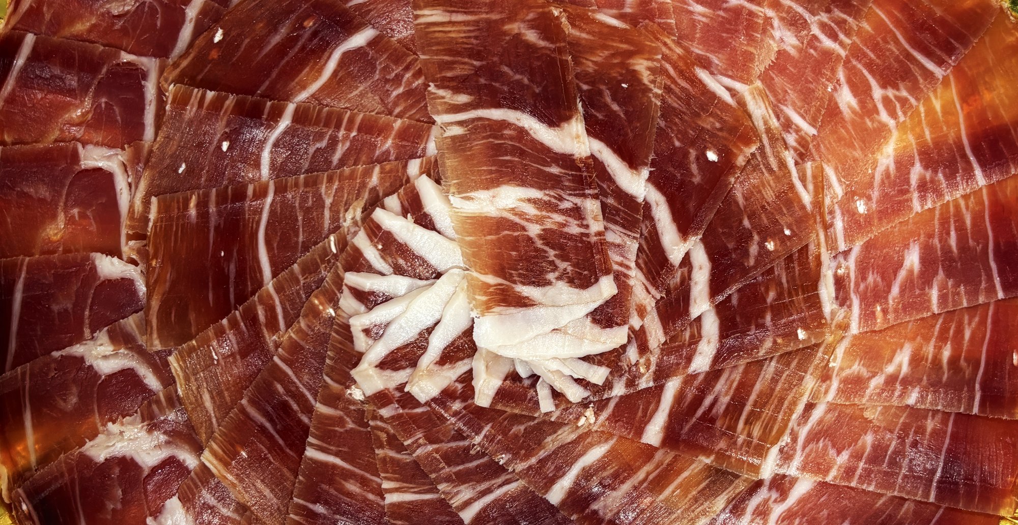 Emplatado de jamón en abanico, vista macro